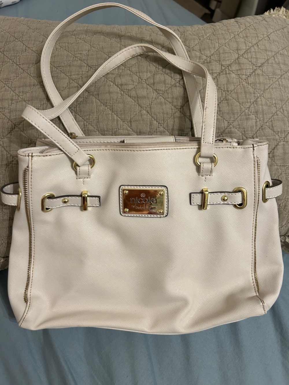 Nicole by Nicole Miller Cream Shoulder Tote with Gold Accents